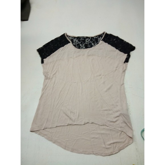 Forever 21 Shirt Womens Small Cream W/Black Lace Short Sleeve Crew Neck - Picture 1 of 5